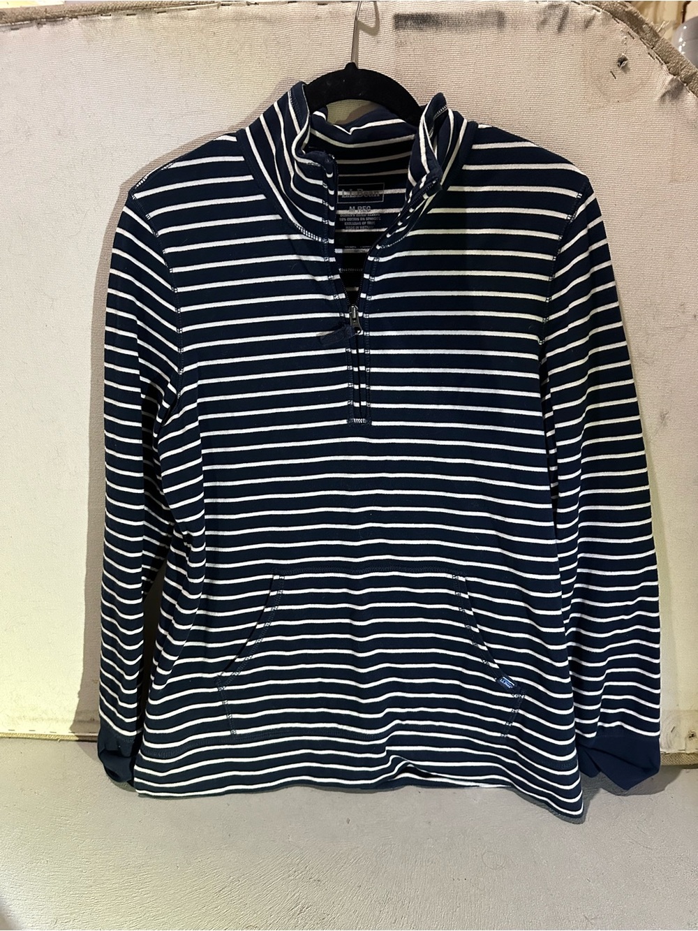 L.L. Bean Navy and White Striped Quarter-Zip Pullover